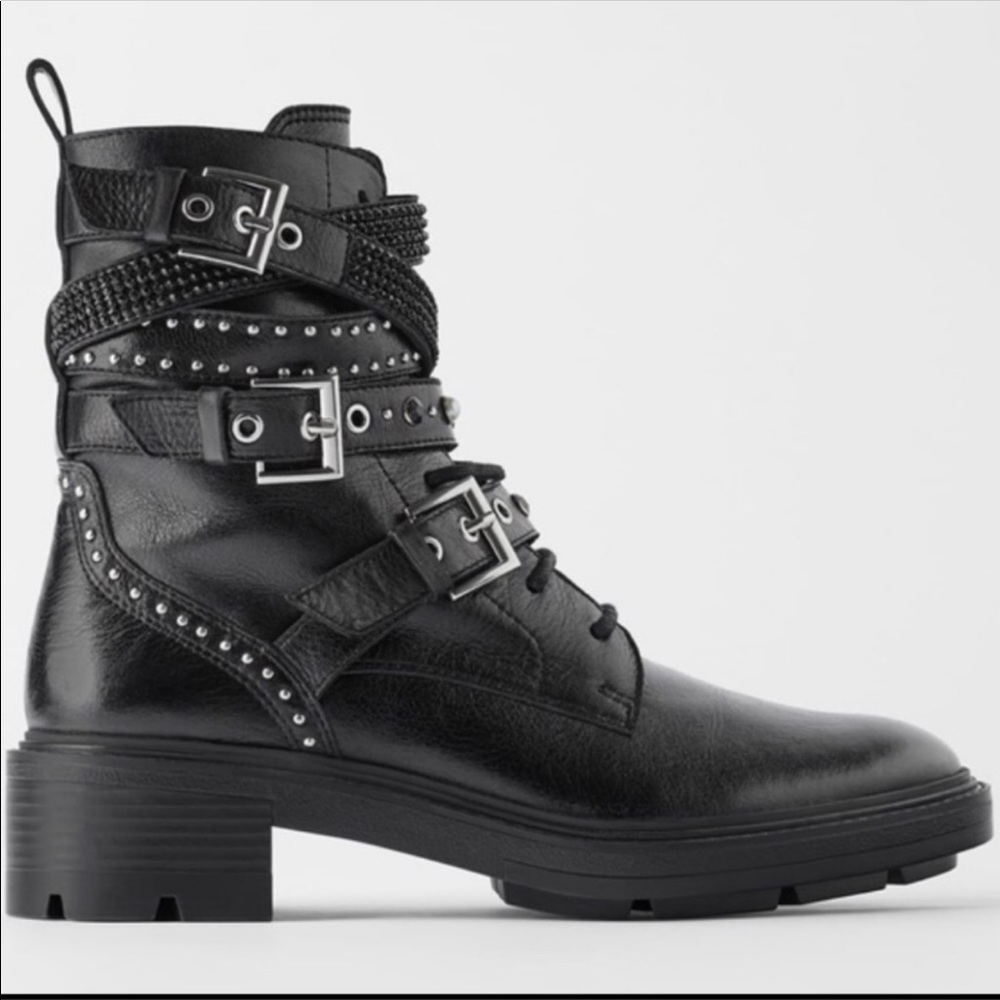 ZARA Leather Moto Boots w/Faux Pearl/Silver accent